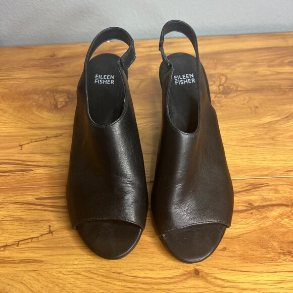 Eileen Fisher Leather Slingback Sandals Size 8 Open Toe Italian‎ Black Slip On - Picture 2 of 10